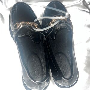 Princess Polly Glossy Black Loafers with Gold Accent